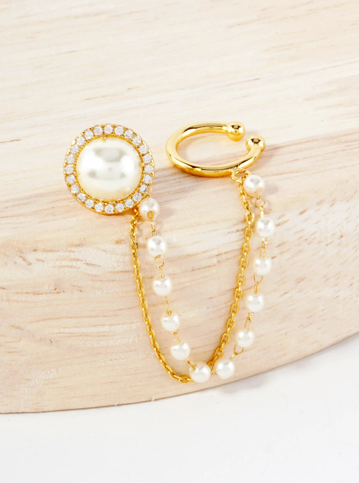8mm Pearl Surrounded With CZ Stud And Ear Cuff Drape Chain 18K-Gold-Dipped Earring Set