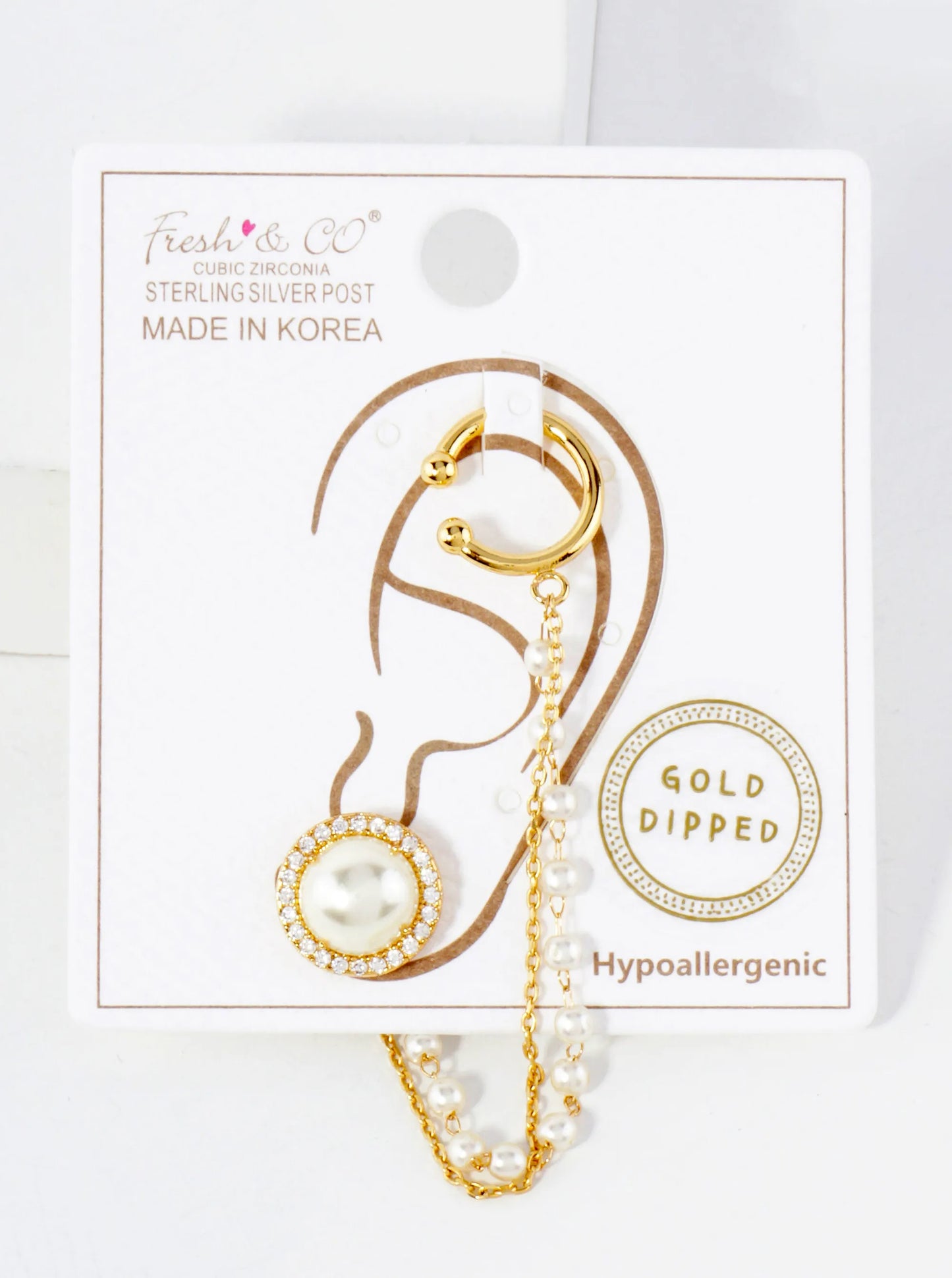 8mm Pearl Surrounded With CZ Stud And Ear Cuff Drape Chain 18K-Gold-Dipped Earring Set