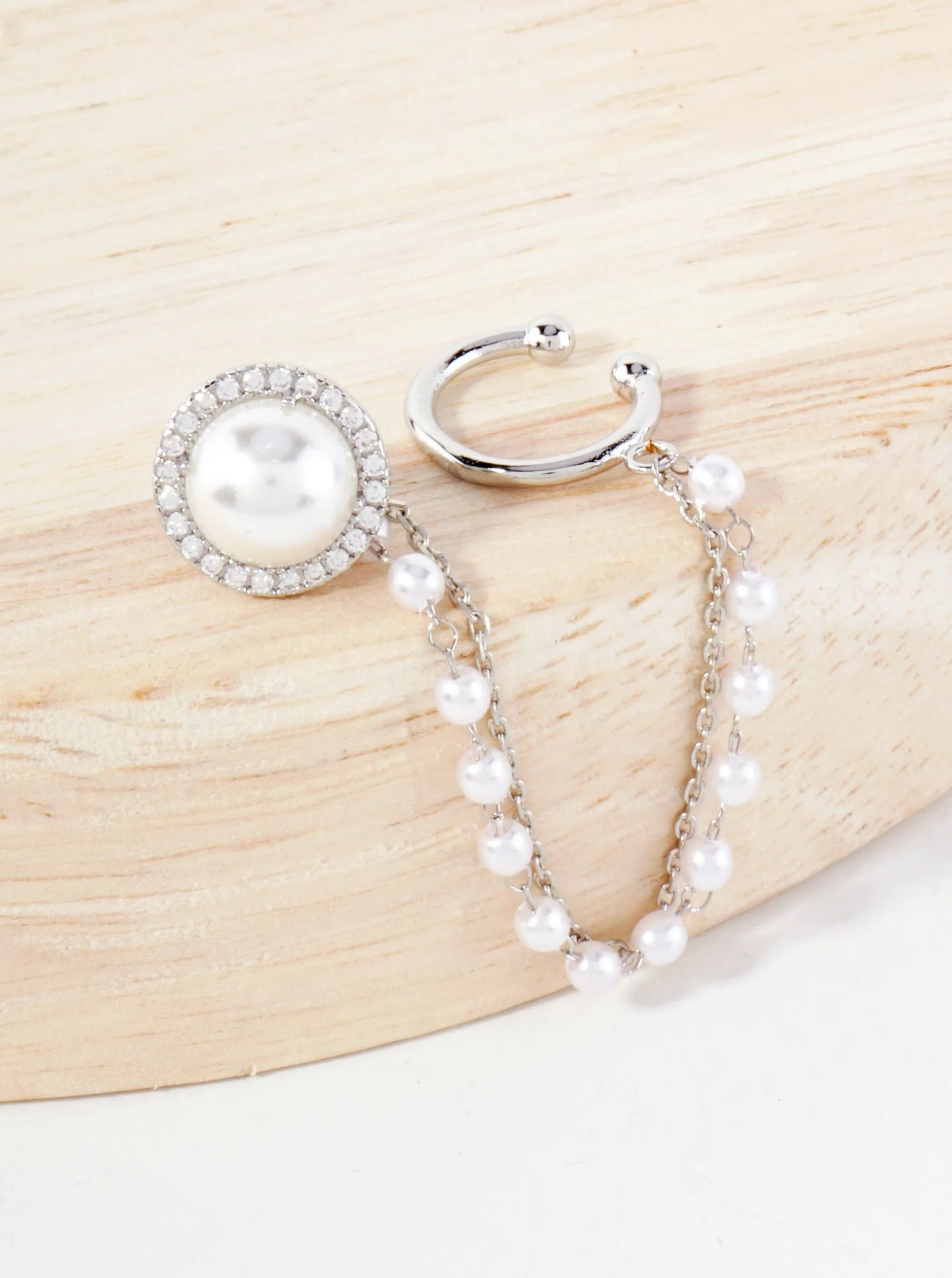 8mm Pearl Surrounded With CZ Stud And Ear Cuff Drape Chain 18K-Gold-Dipped Earring Set