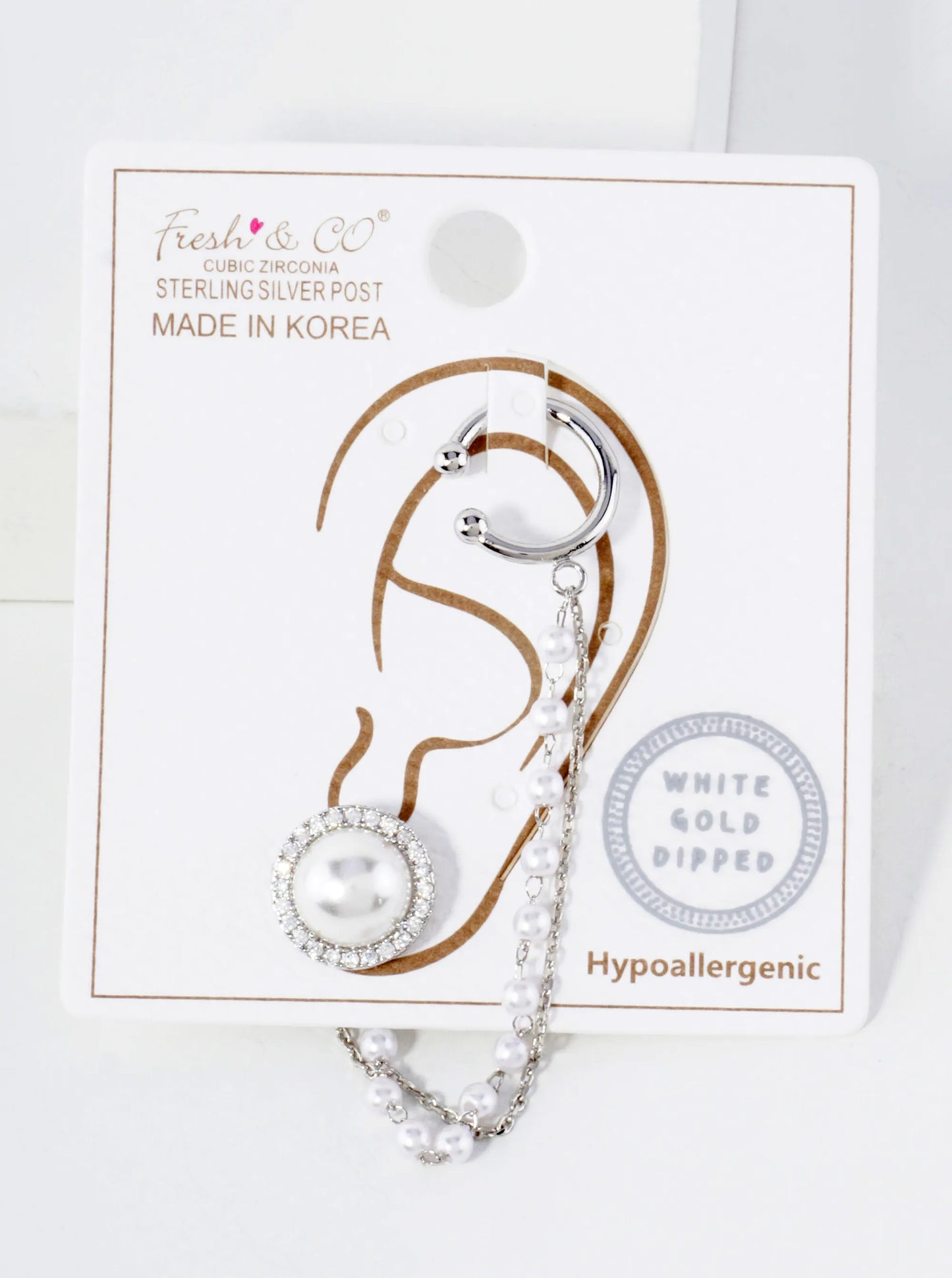 8mm Pearl Surrounded With CZ Stud And Ear Cuff Drape Chain 18K-Gold-Dipped Earring Set