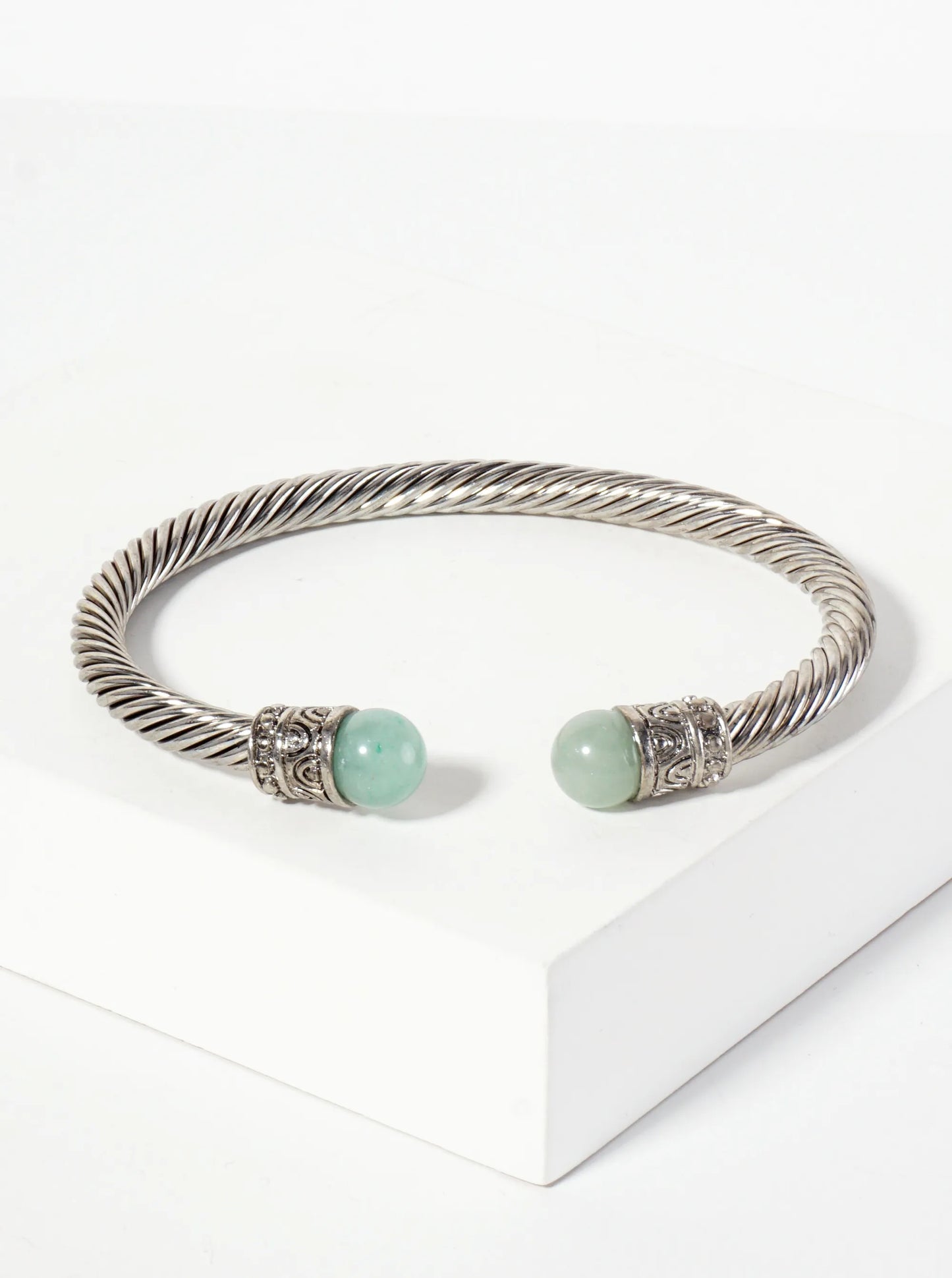8mm Semi-Precious Natural-Stone Accent Rope-Texture Open Cuff Bracelet