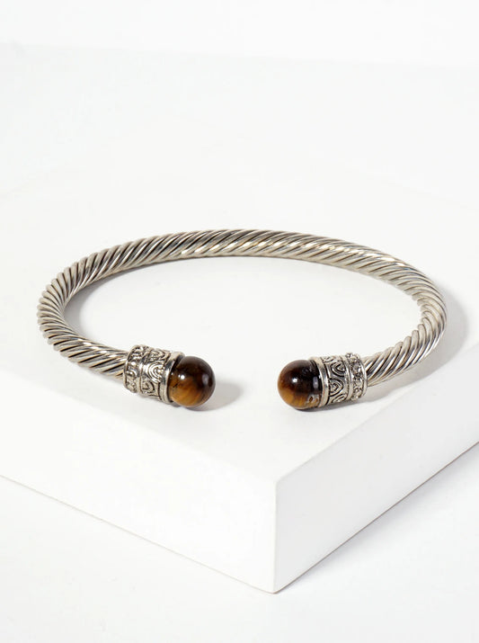 8mm Semi-Precious Natural-Stone Accent Rope-Texture Open Cuff Bracelet