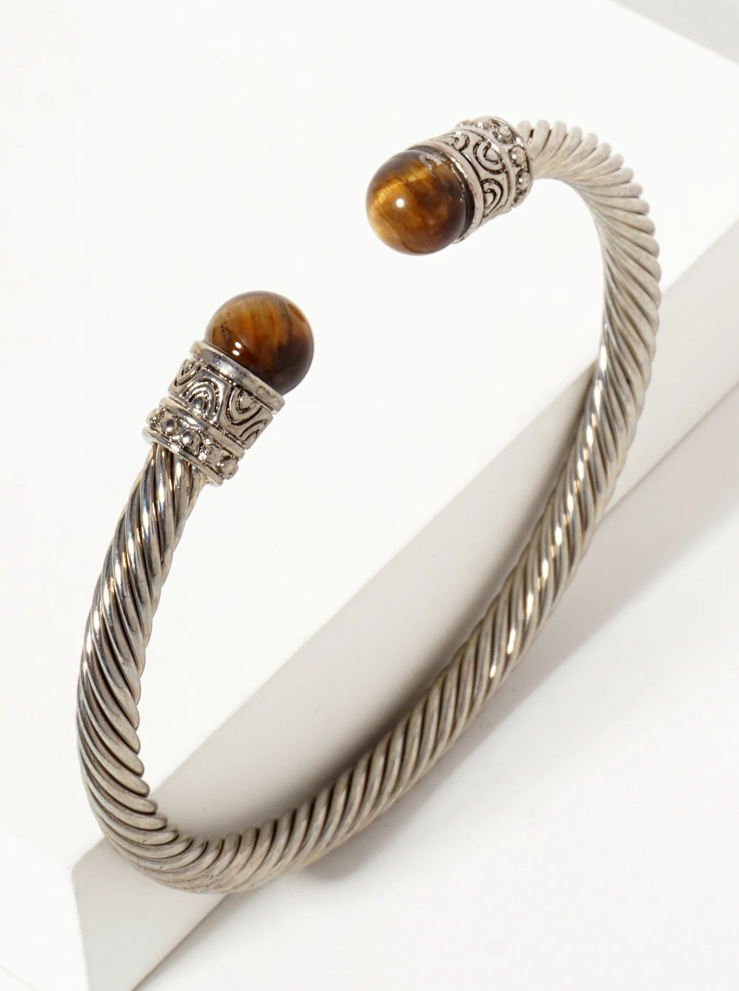8mm Semi-Precious Natural-Stone Accent Rope-Texture Open Cuff Bracelet