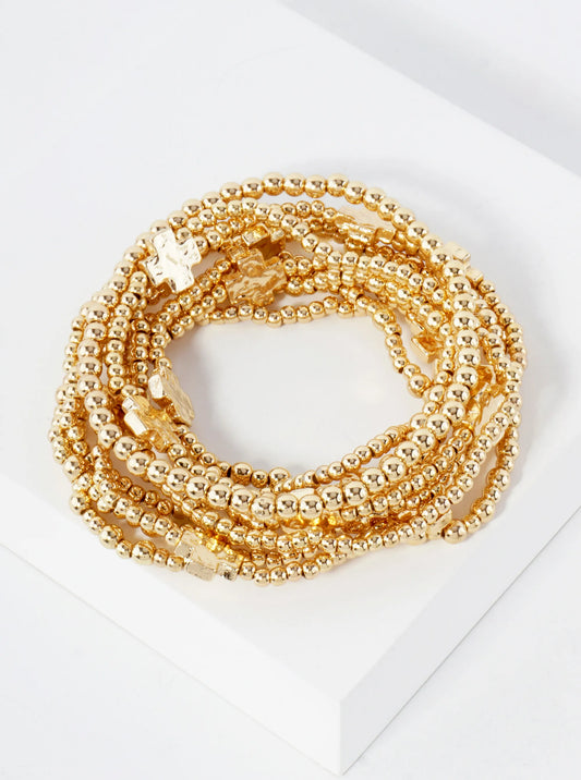 9-PC-Set Hammered-Texture Cross Accent Polished Metallic Beaded Stackable Stretch Bracelet