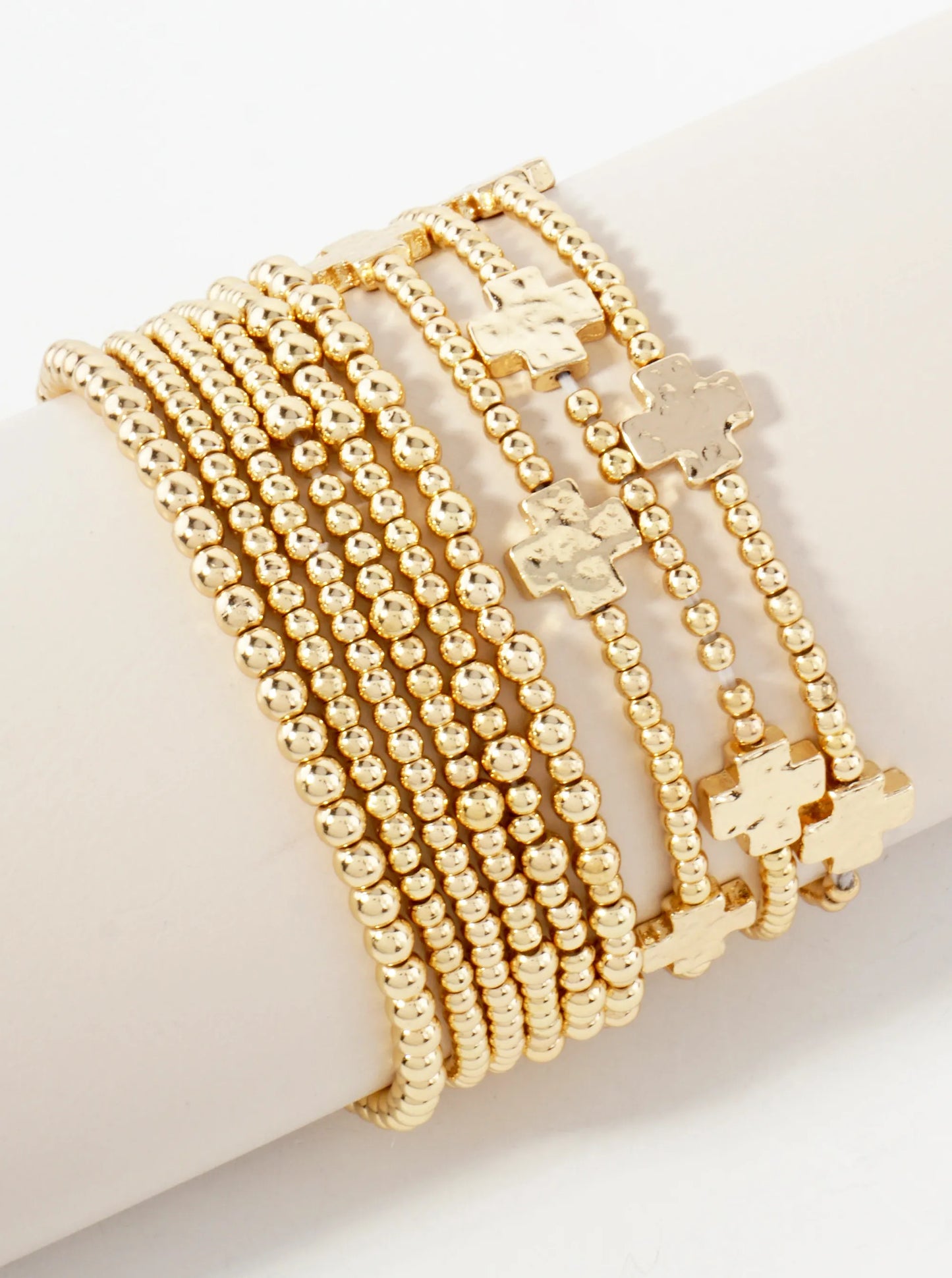 9-PC-Set Hammered-Texture Cross Accent Polished Metallic Beaded Stackable Stretch Bracelet