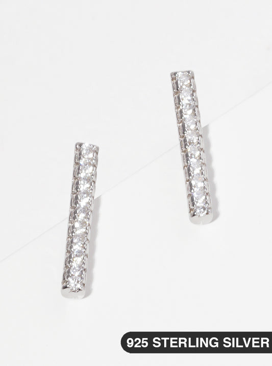 925 Sterling Silver 12mm CZ Vertical Bar Delicate Stud Earrings