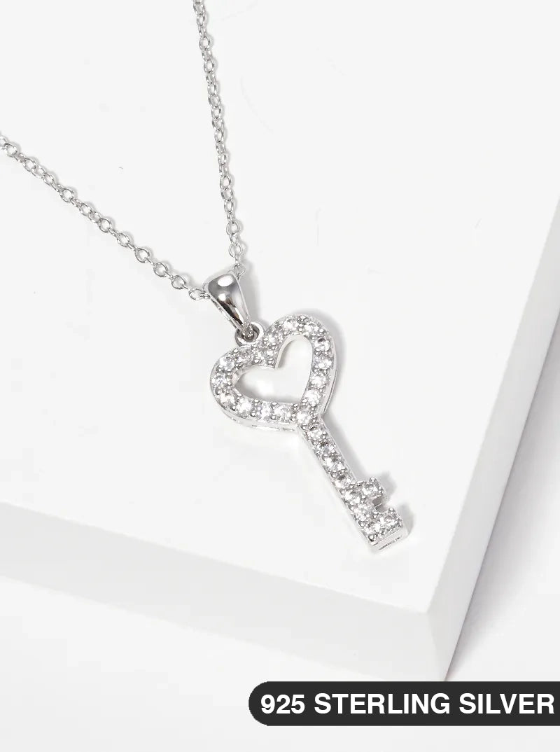 925 Sterling Silver CZ Heart Key Pendant Delicate Necklace