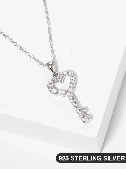925 Sterling Silver CZ Heart Key Pendant Delicate Necklace