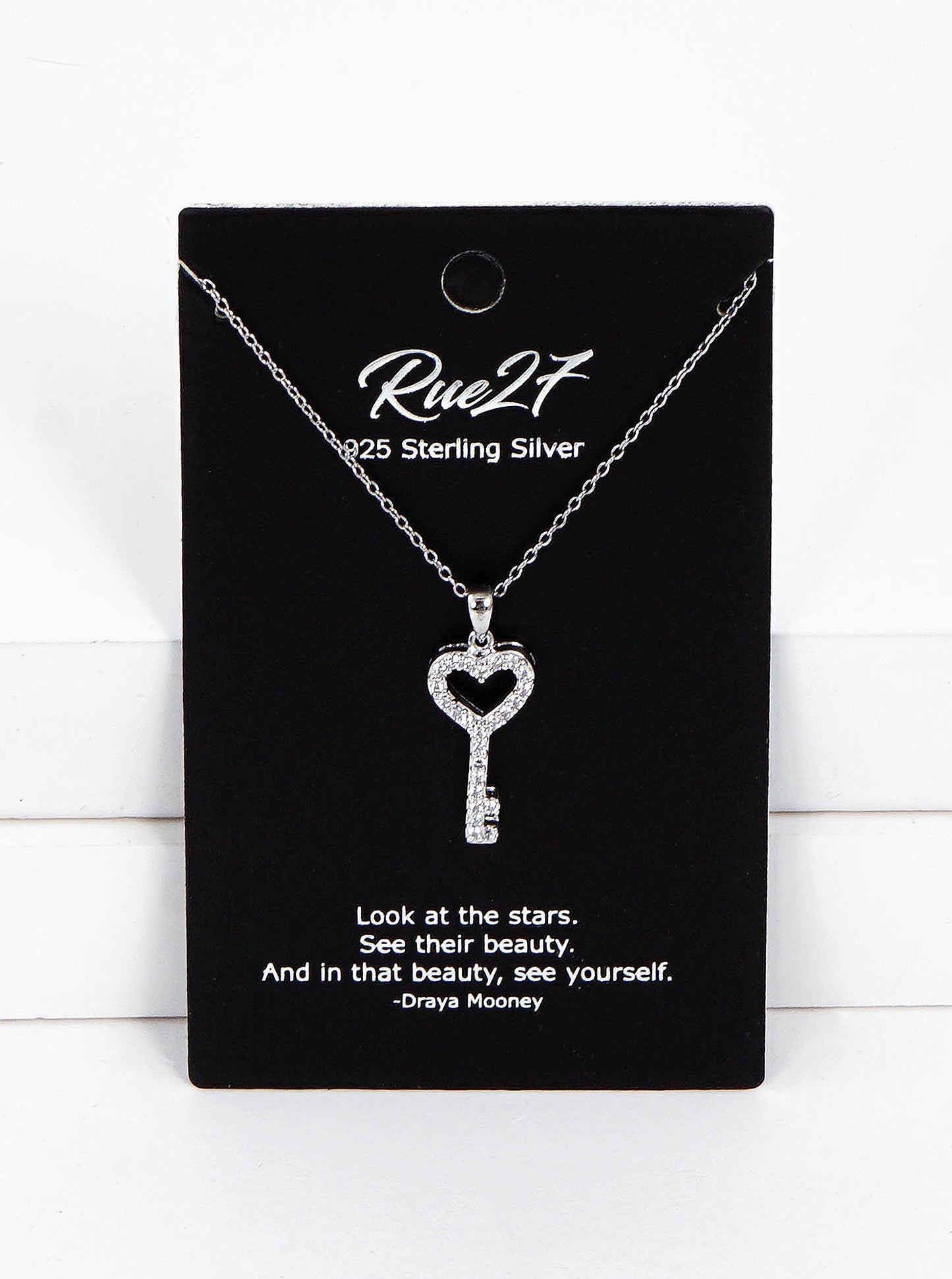 925 Sterling Silver CZ Heart Key Pendant Delicate Necklace