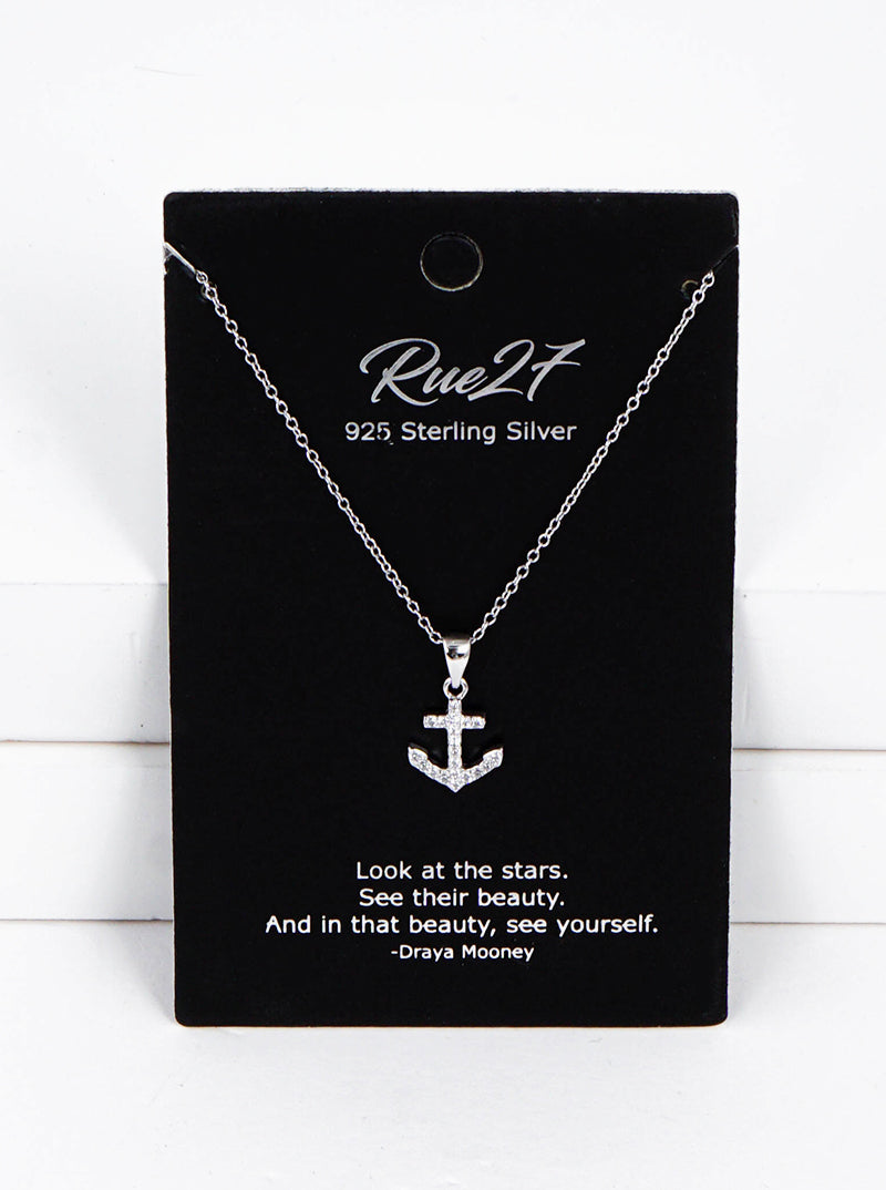 925 Sterling Silver CZ Nautical Anchor Pendant Delicate Necklace