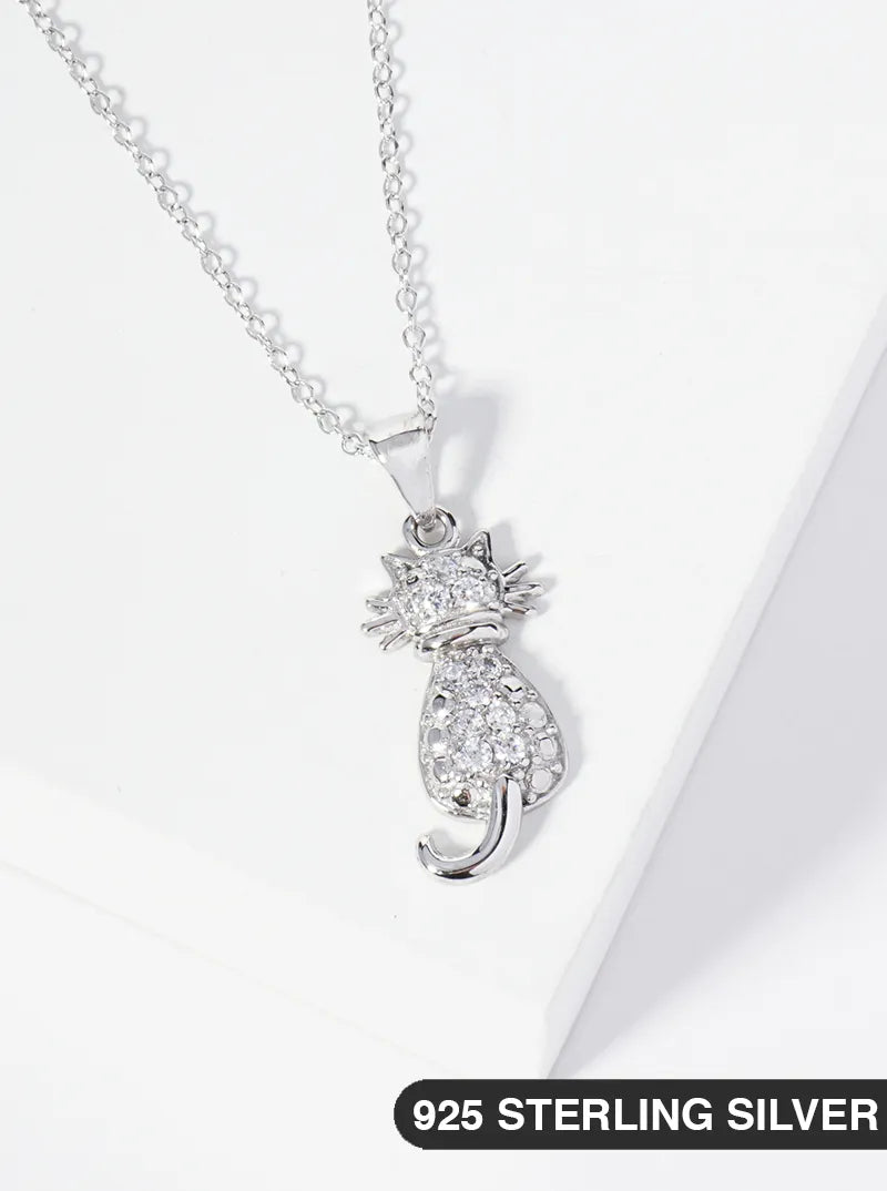 925 Sterling Silver CZ Pave Cat Pendant Delicate Necklace