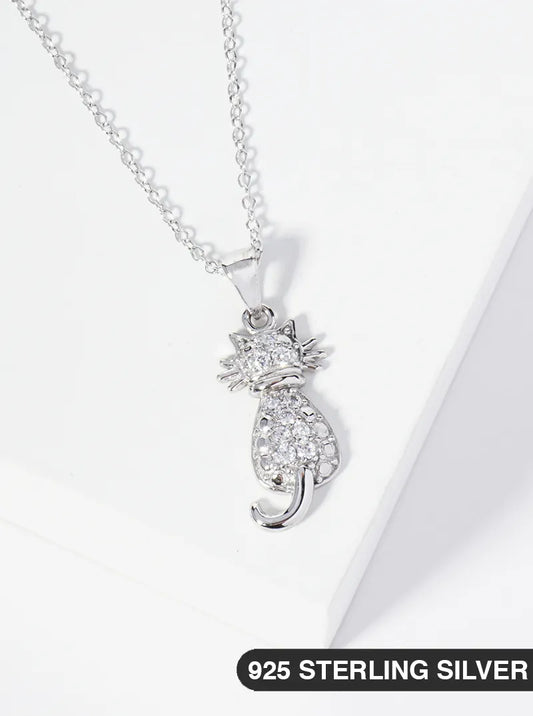 925 Sterling Silver CZ Pave Cat Pendant Delicate Necklace