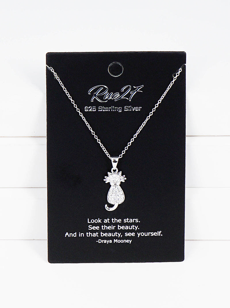 925 Sterling Silver CZ Pave Cat Pendant Delicate Necklace