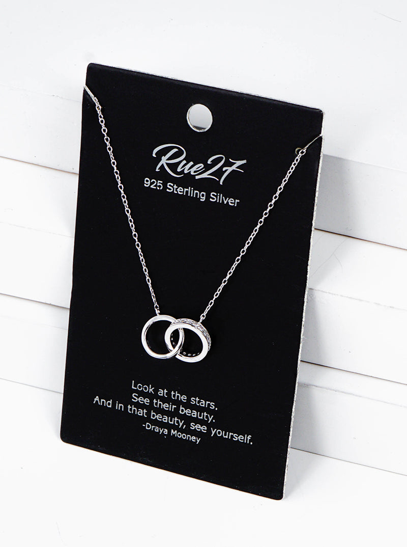 925 Sterling Silver CZ Pave Interlocking Double Circles Pendant Delicate Necklace