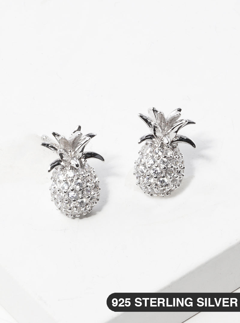 925 Sterling Silver CZ Pave Pineapple Post Stud Earrings