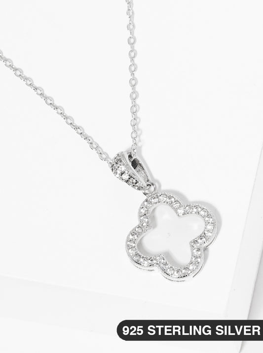 925 Sterling Silver CZ Pave Quatrefoil Pendant Delicate Necklace