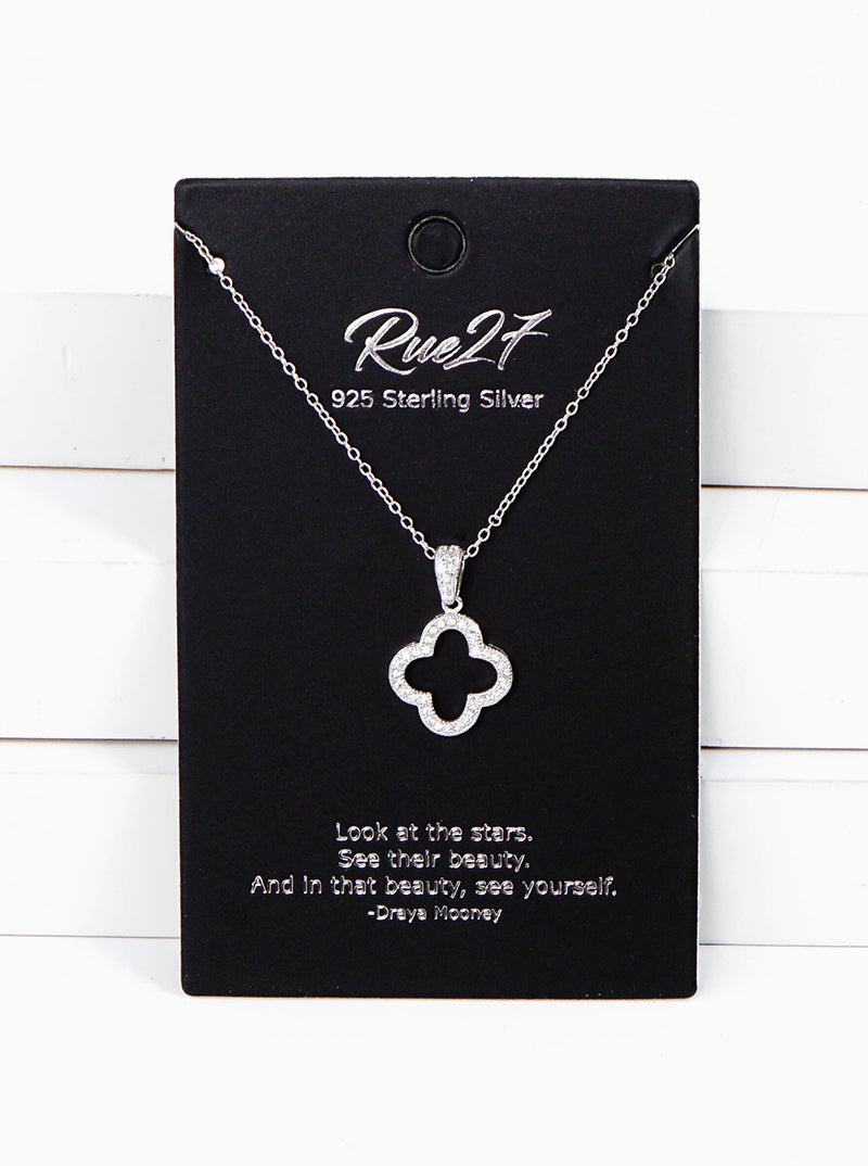 925 Sterling Silver CZ Pave Quatrefoil Pendant Delicate Necklace