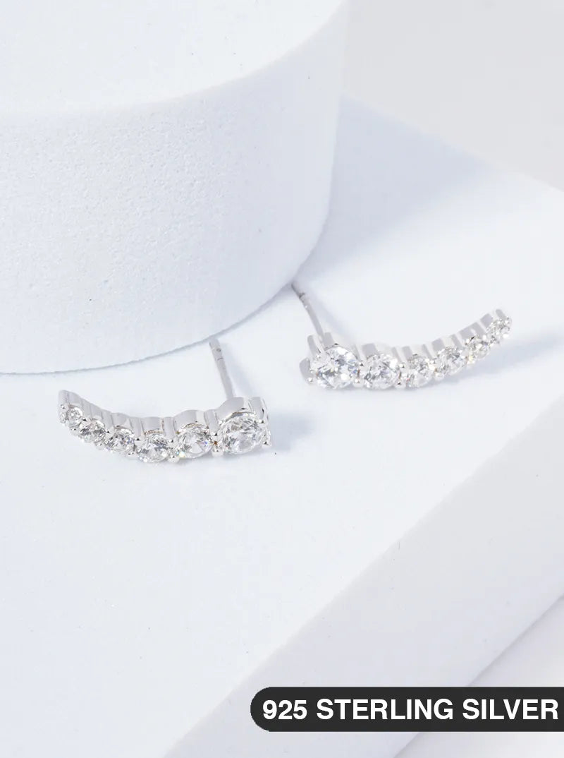 925 Sterling Silver Curved Graduated CZ Bar Stud Earrings