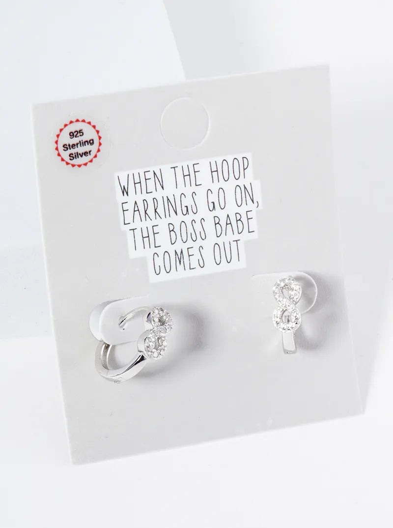 925 Sterling Silver Pave Set Cubic Zirconia Infinity 10mm Huggie Hoop Earrings
