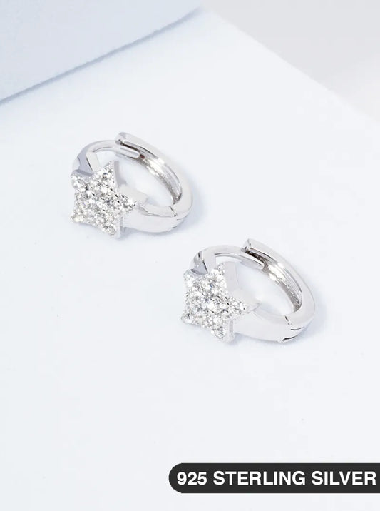 925 Sterling Silver Pave Set Cubic Zirconia Star 10mm Huggie Hoop Earrings