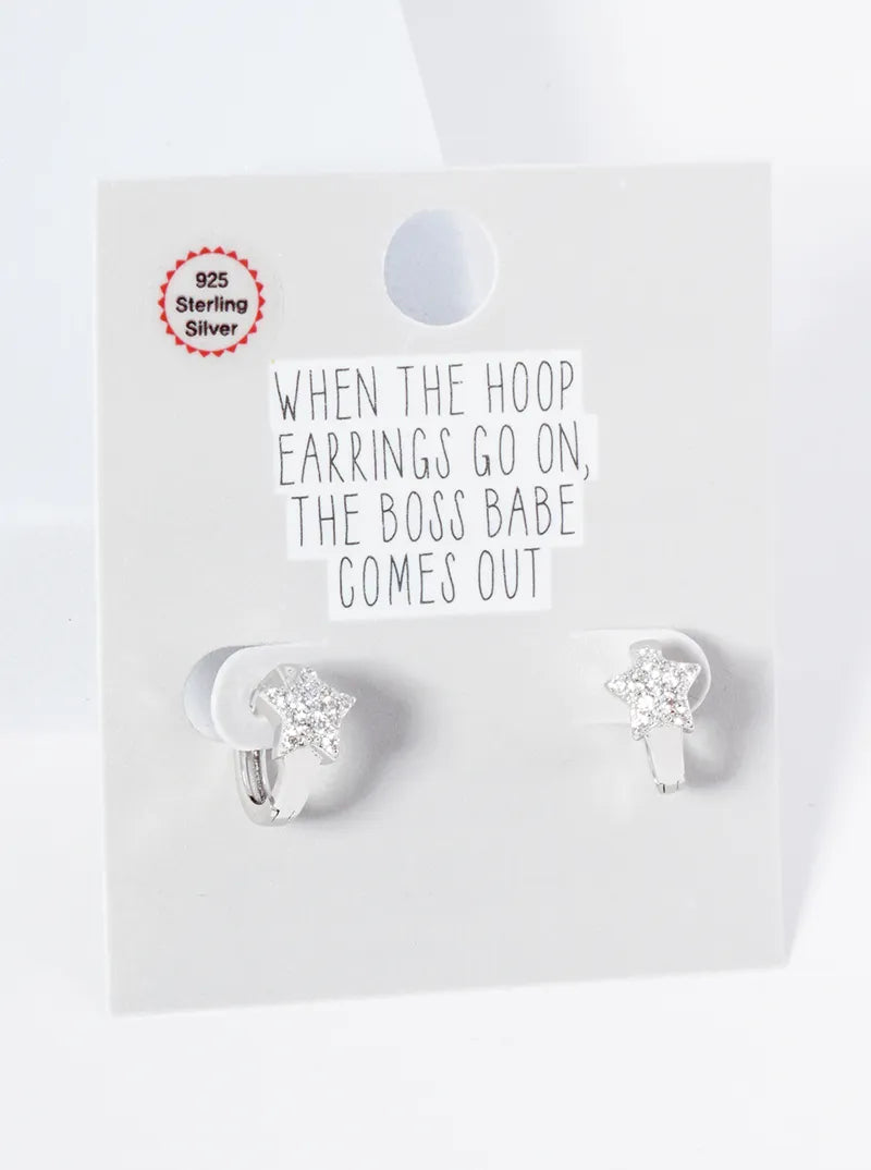 925 Sterling Silver Pave Set Cubic Zirconia Star 10mm Huggie Hoop Earrings