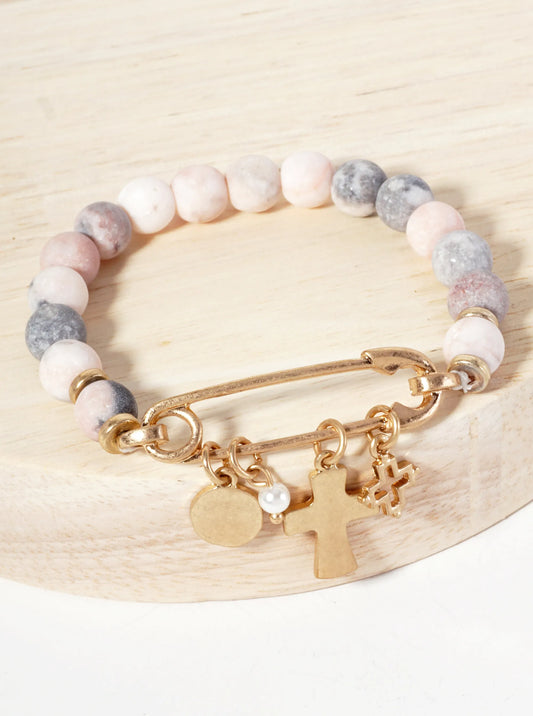 9mm Semi-Precious-Natural-Stone Stretch Bracelet With Metal Cross Charms
