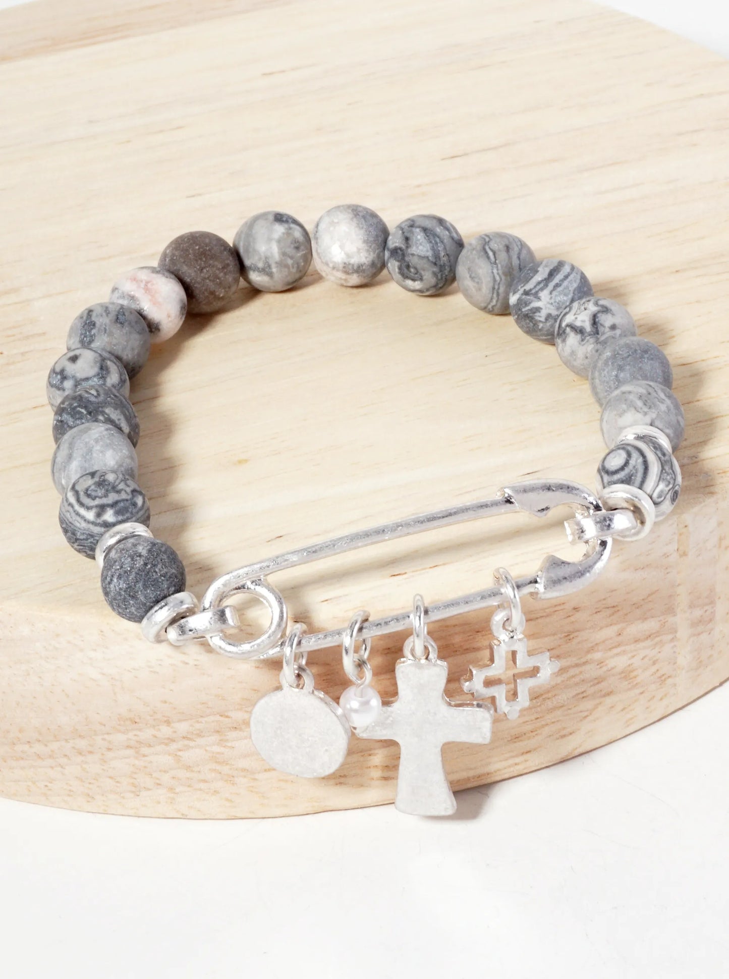 9mm Semi-Precious-Natural-Stone Stretch Bracelet With Metal Cross Charms