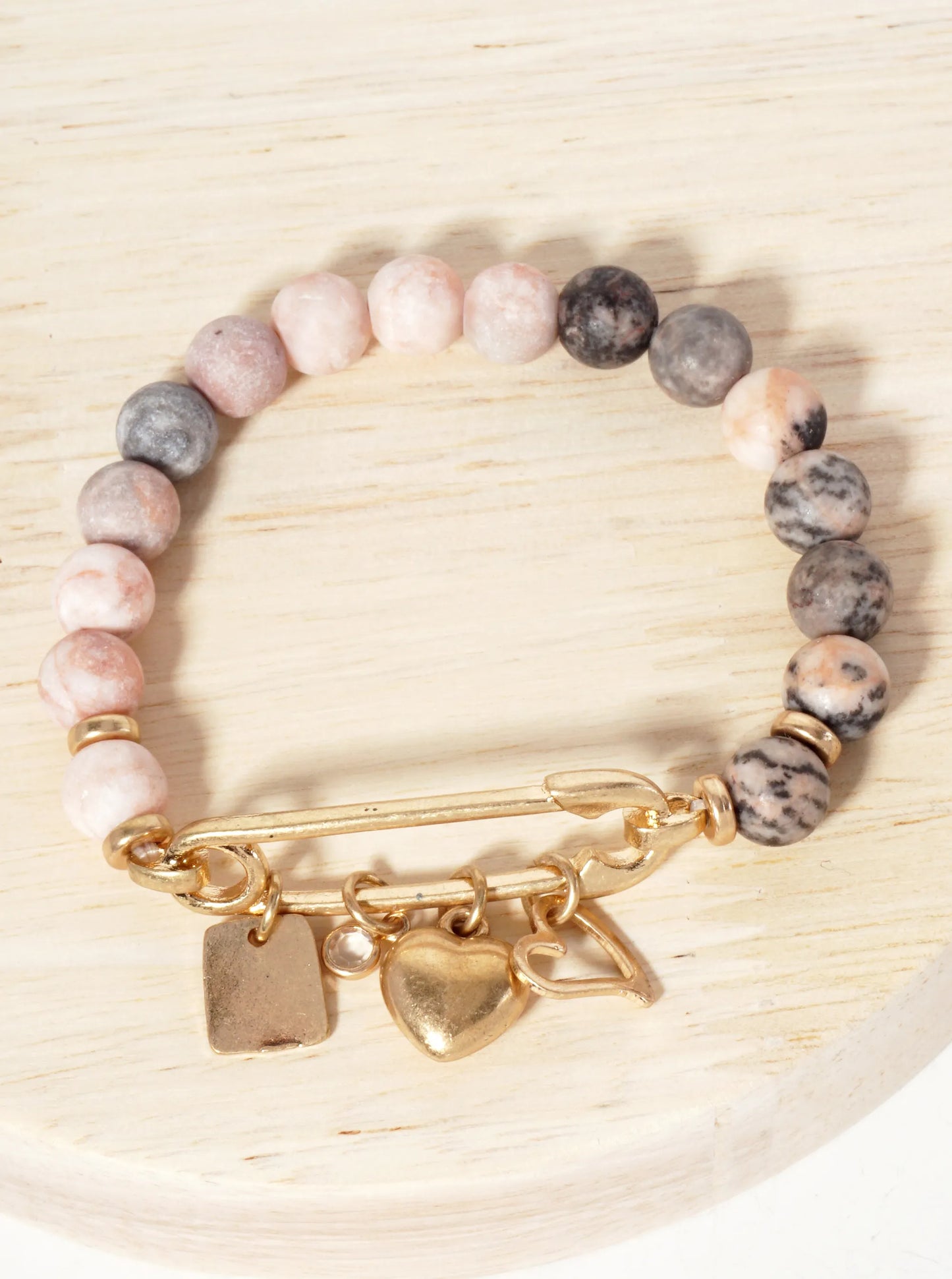 9mm Semi-Precious-Natural-Stone Stretch Bracelet With Metal Heart Charms