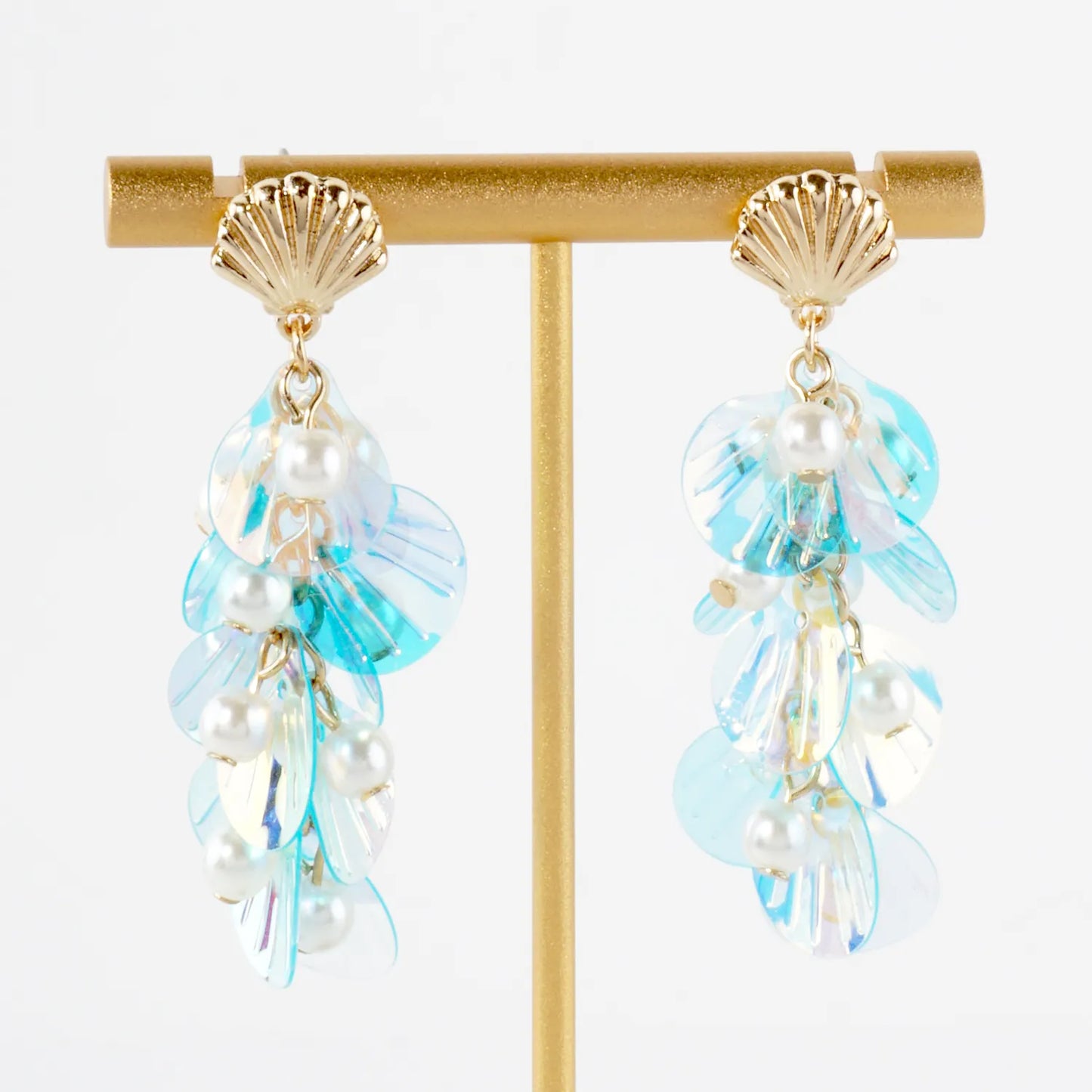 AB Sequin Pearl Cluster Drop Seashell Sea-Life Dangle Earrings