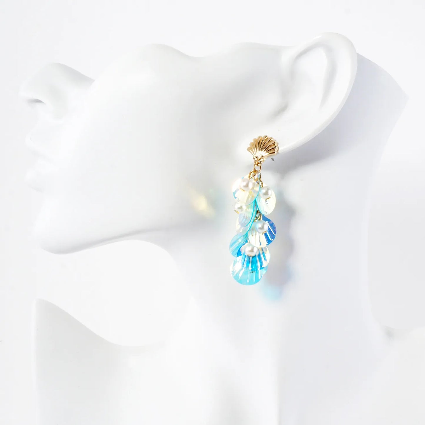 AB Sequin Pearl Cluster Drop Seashell Sea-Life Dangle Earrings
