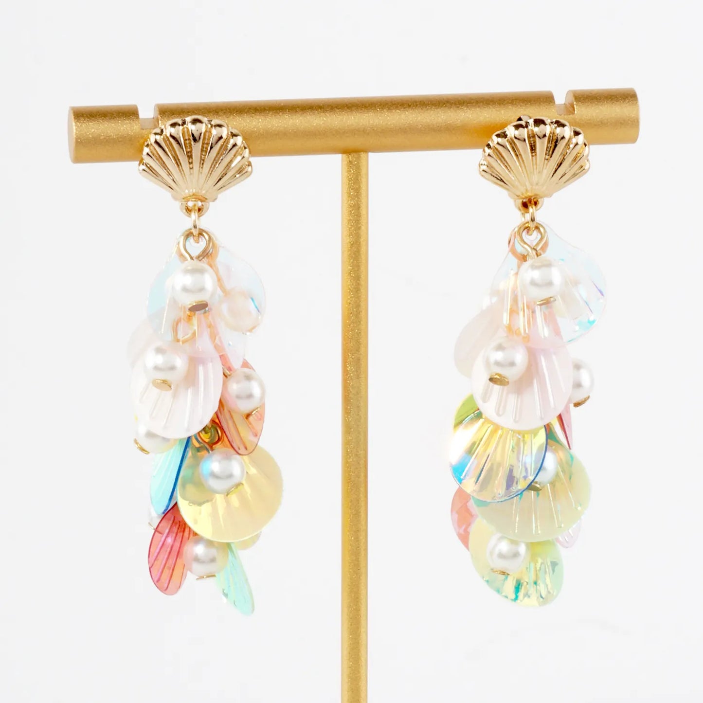 AB Sequin Pearl Cluster Drop Seashell Sea-Life Dangle Earrings
