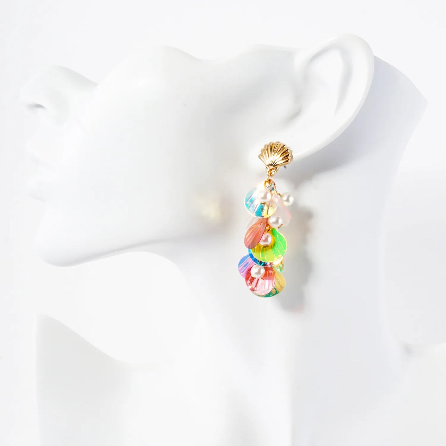 AB Sequin Pearl Cluster Drop Seashell Sea-Life Dangle Earrings