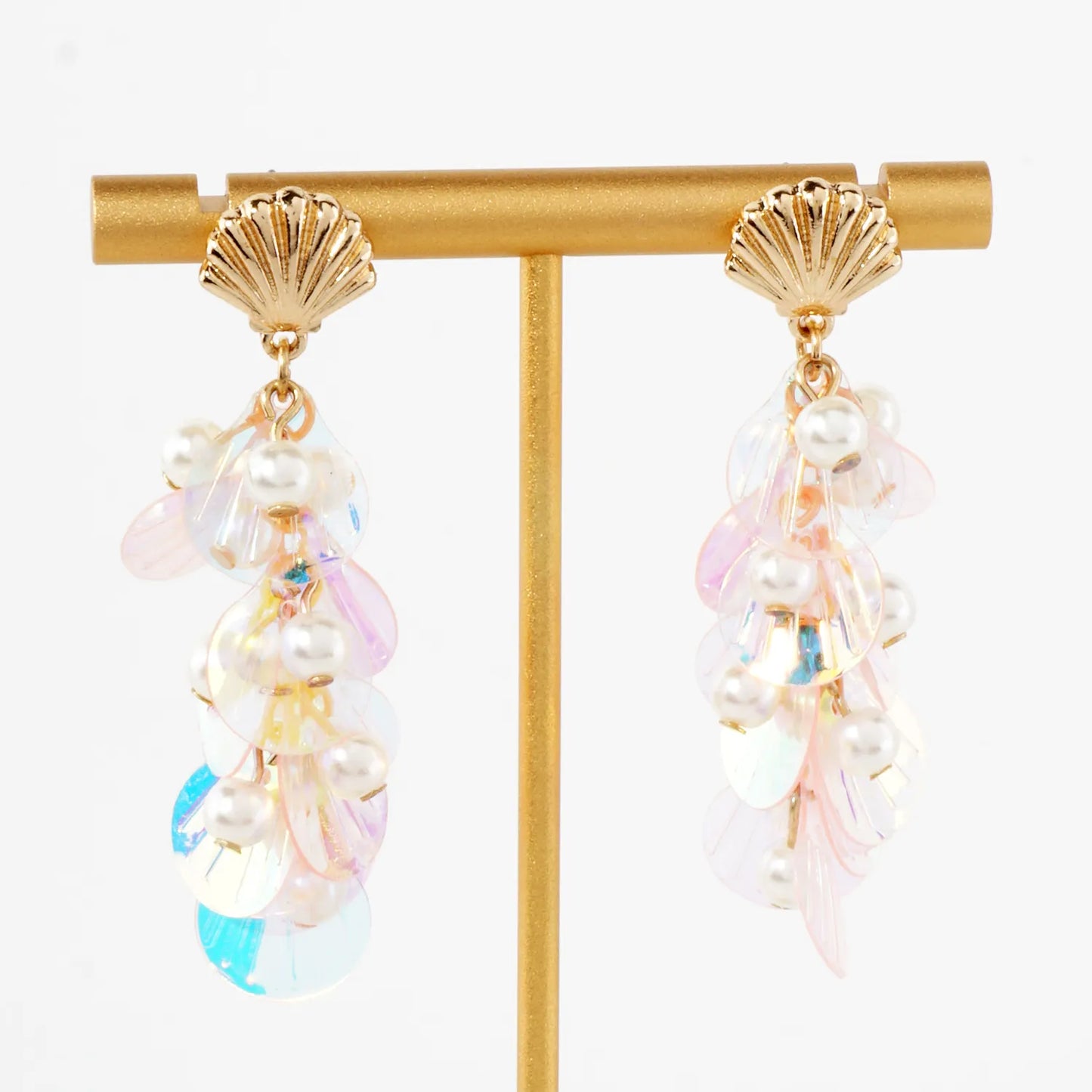 AB Sequin Pearl Cluster Drop Seashell Sea-Life Dangle Earrings