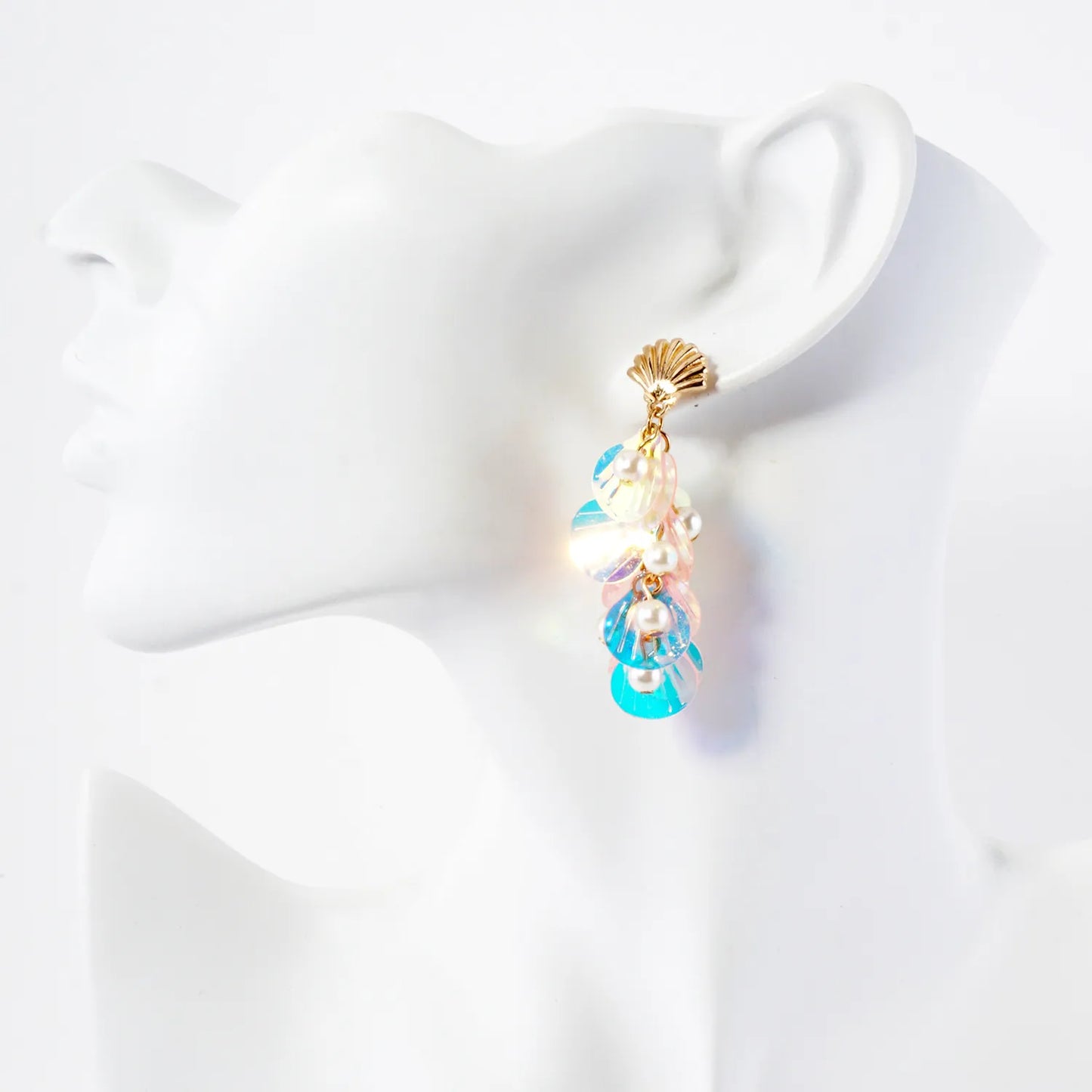 AB Sequin Pearl Cluster Drop Seashell Sea-Life Dangle Earrings