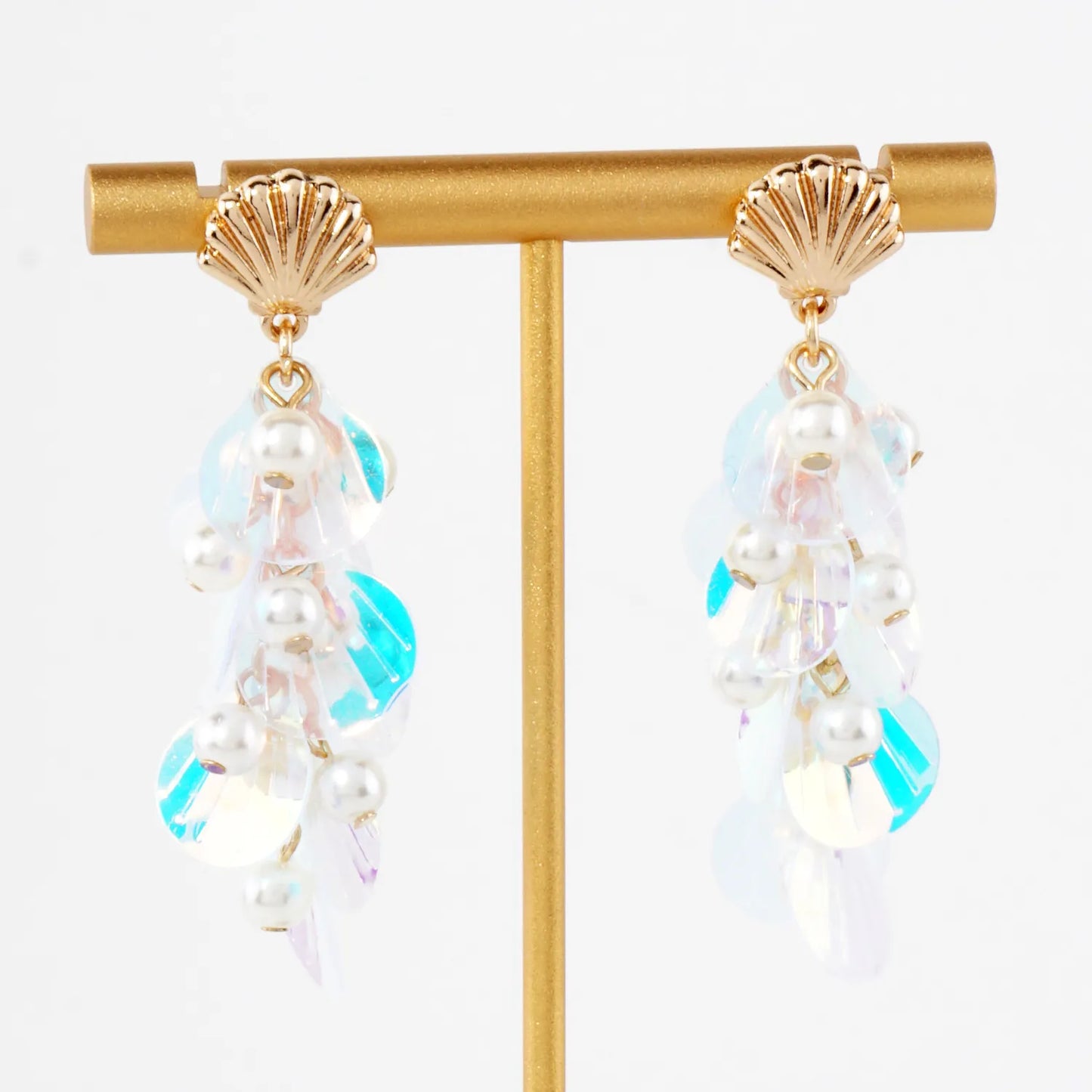 AB Sequin Pearl Cluster Drop Seashell Sea-Life Dangle Earrings