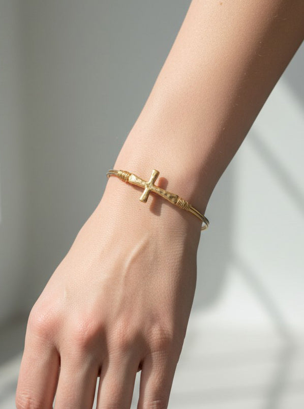 Solid Hammered Cross Bangle Cuff Bracelet