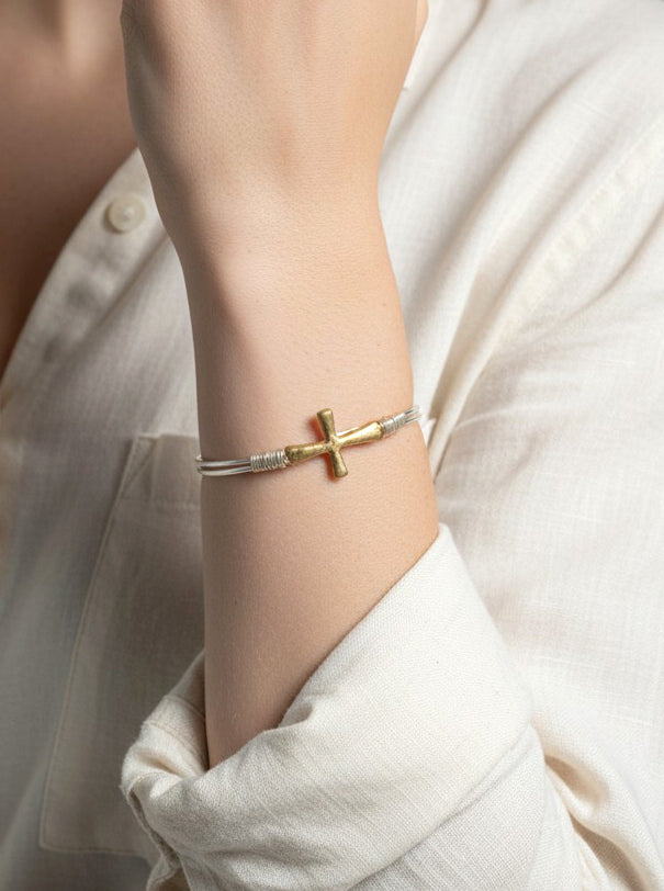 Solid Hammered Cross Bangle Cuff Bracelet