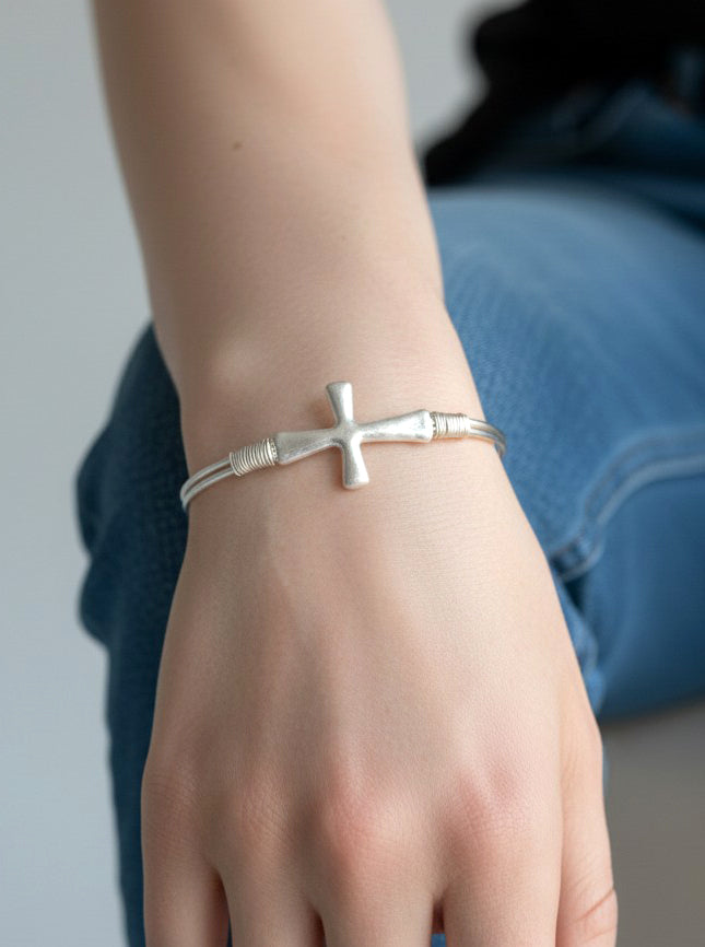 Solid Hammered Cross Bangle Cuff Bracelet