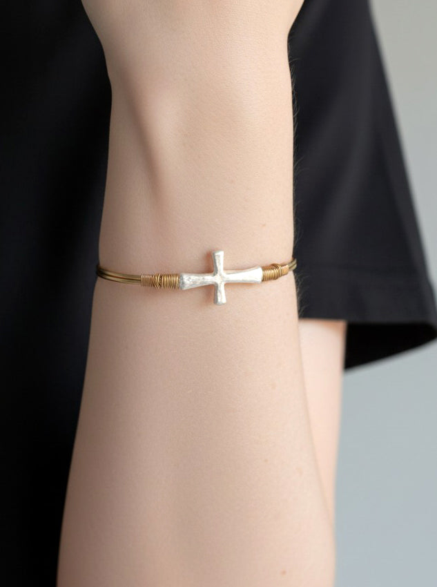 Solid Hammered Cross Bangle Cuff Bracelet