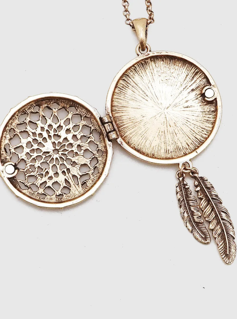 AZTEC NAVAJO FEATHER DANGLE METAL PENDANT CHARM LOCKET LONG NECKLACES SET