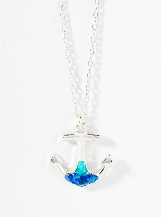 Abalone Shell Inlay Anchor Pendant 16-Inch Nautical Necklace