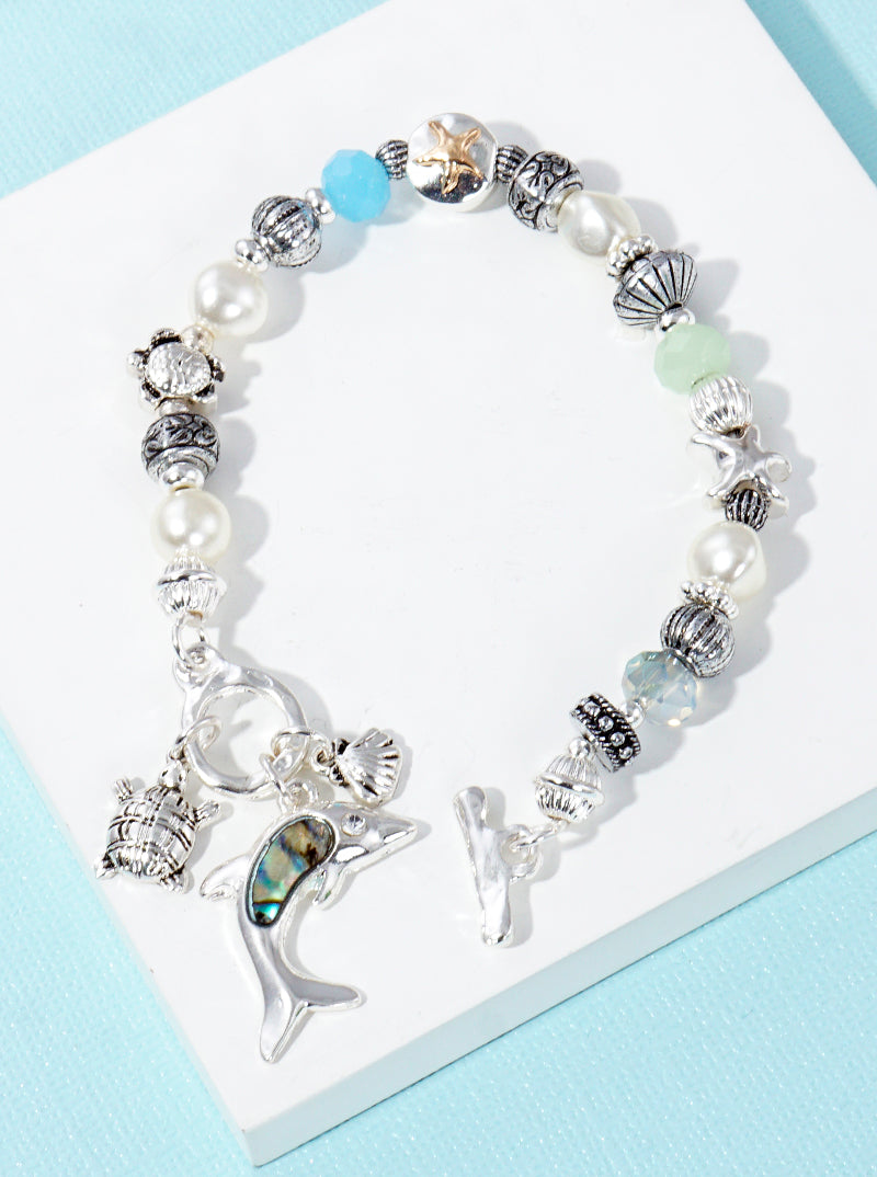 Abalone Inlay Dolphin Turtle Shell Charms Multi Beaded Stretch Bracelet