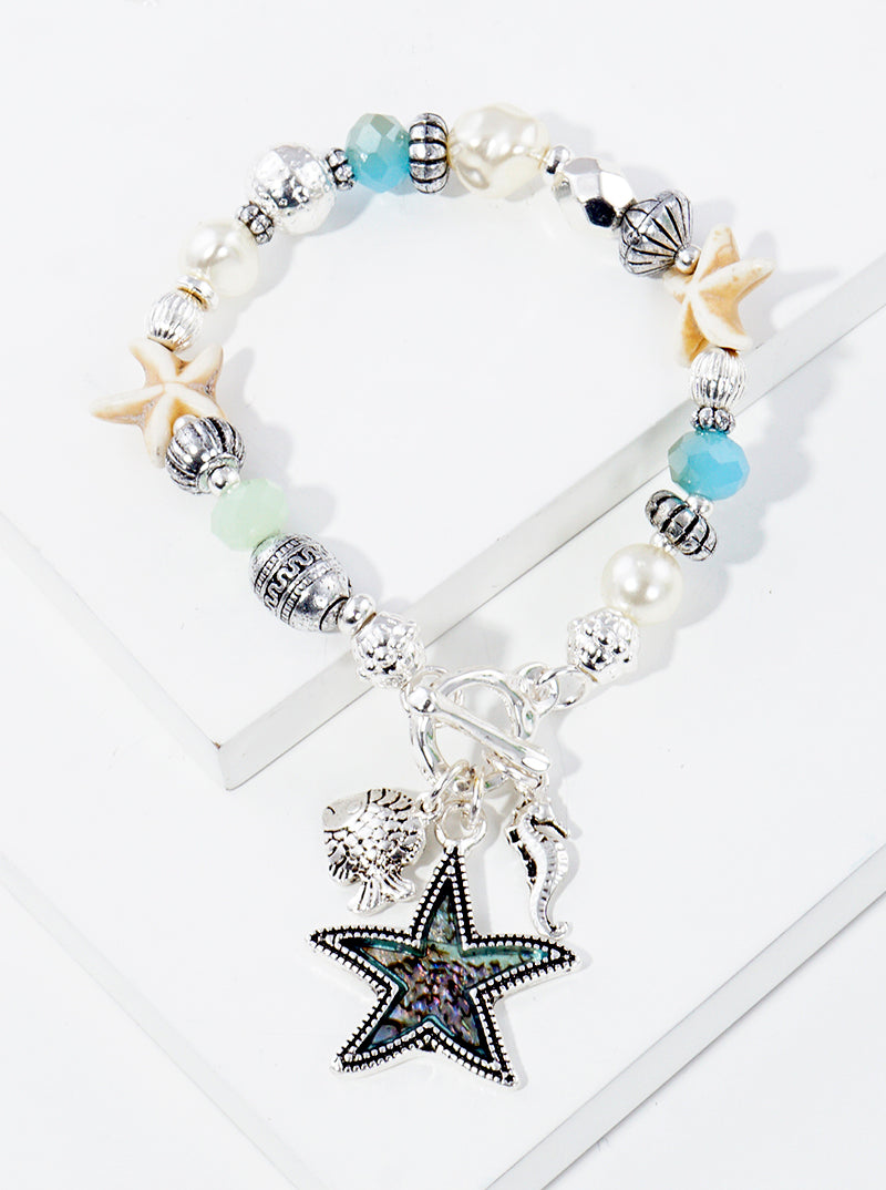 Abalone Inlay Starfish Seahorse Fish Charms Multi Beaded Stretch Bracelet