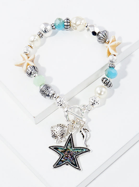 Abalone Inlay Starfish Seahorse Fish Charms Multi Beaded Stretch Bracelet
