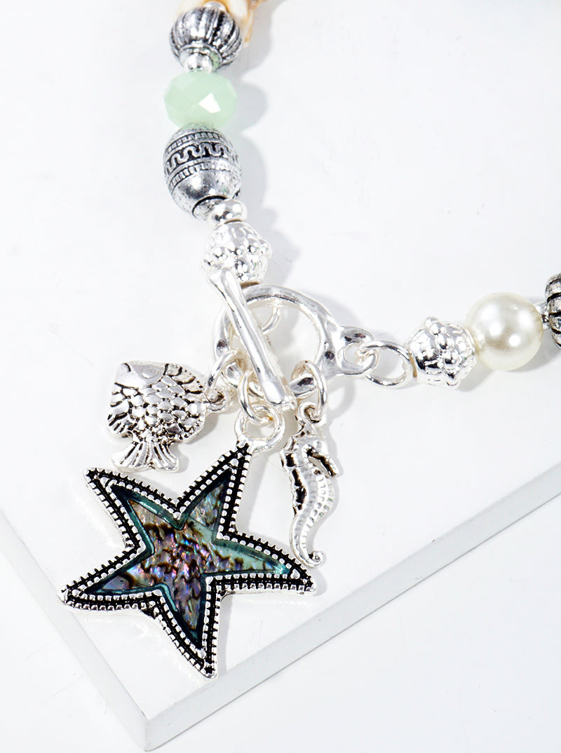 Abalone Inlay Starfish Seahorse Fish Charms Multi Beaded Stretch Bracelet