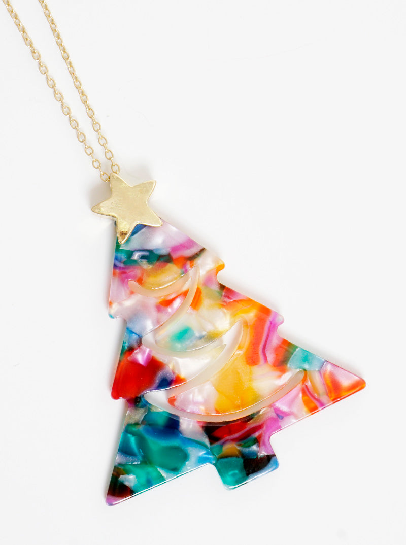Acetate Christmas Tree Pendant 32 Inch Long Necklace