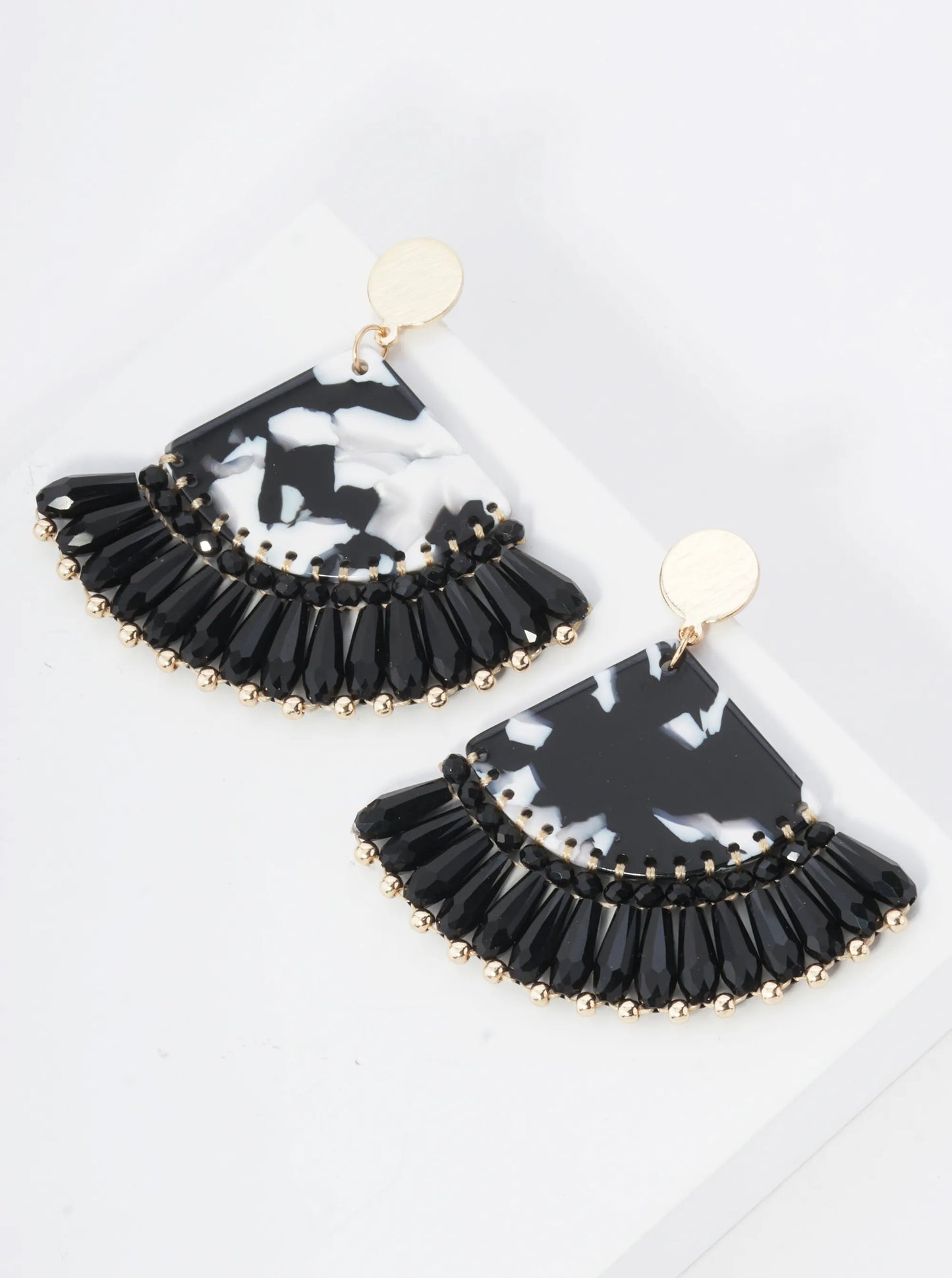 Acetate Fan Fringe Glass Beads Drop Statement Earrings
