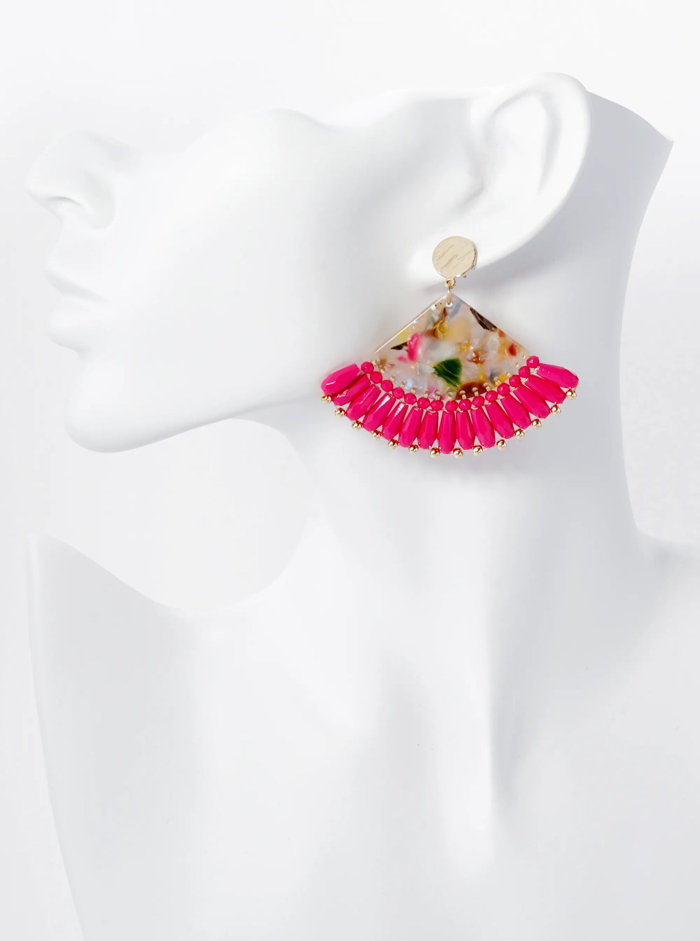 Acetate Fan Fringe Glass Beads Drop Statement Earrings