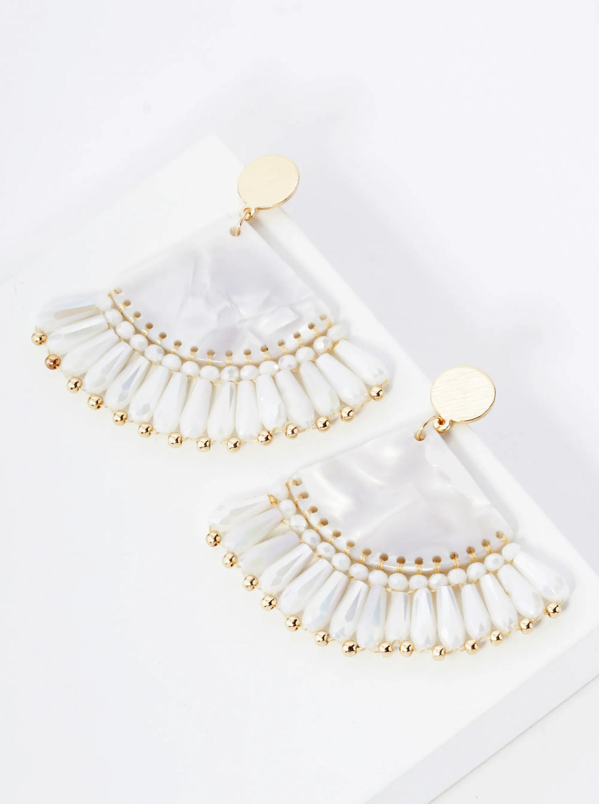 Acetate Fan Fringe Glass Beads Drop Statement Earrings