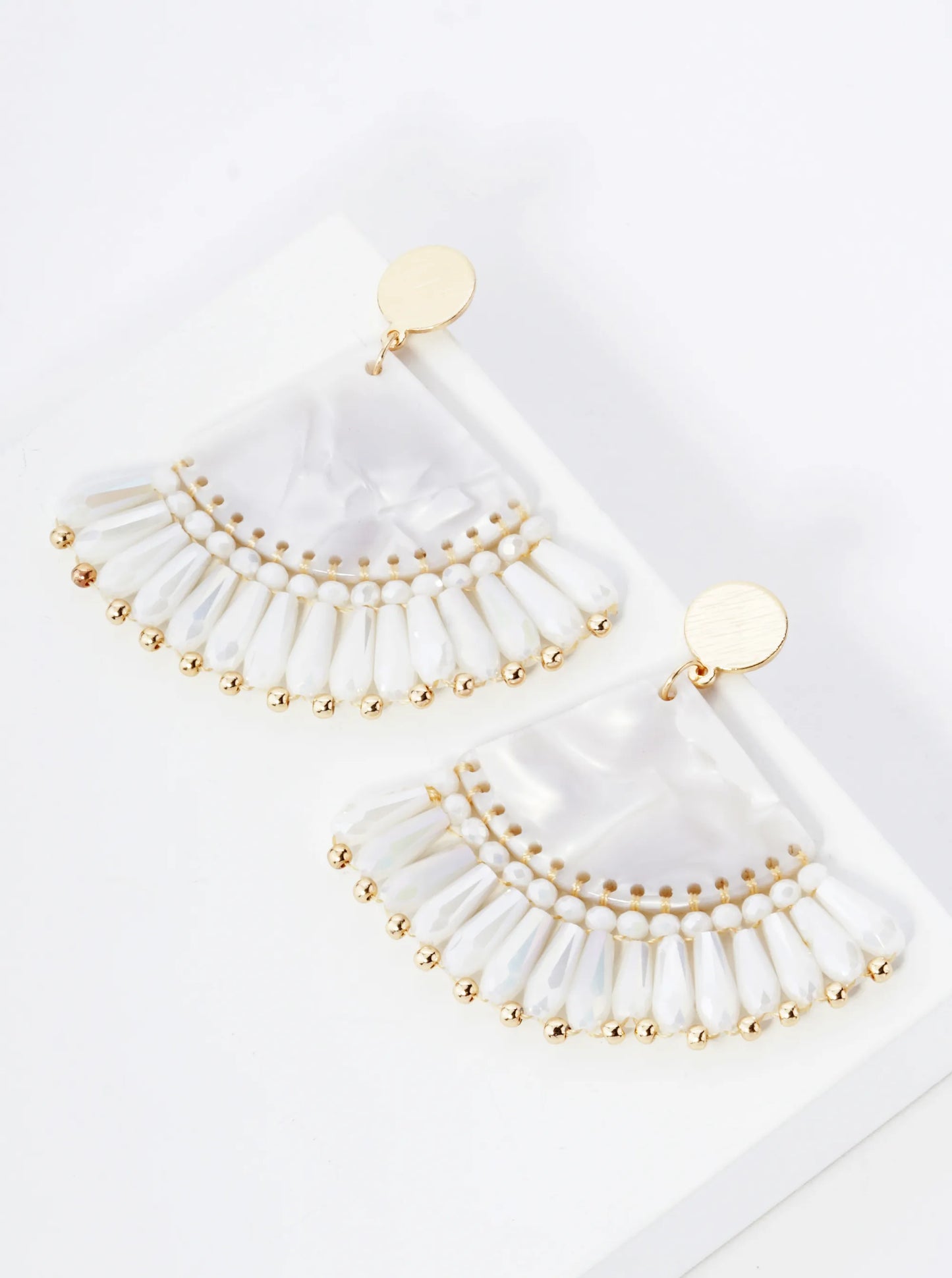Acetate Fan Fringe Glass Beads Drop Statement Earrings